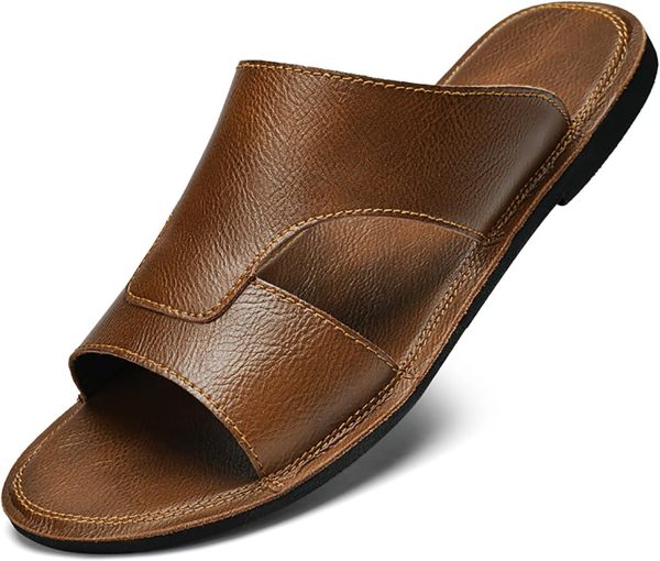 Men's Leather Cutout Slides Sandals Comfortable Lightweight Open Toe Anti-slip Soft bottom Slip On Slippers Summer Outdoor Casual Beach Sandals